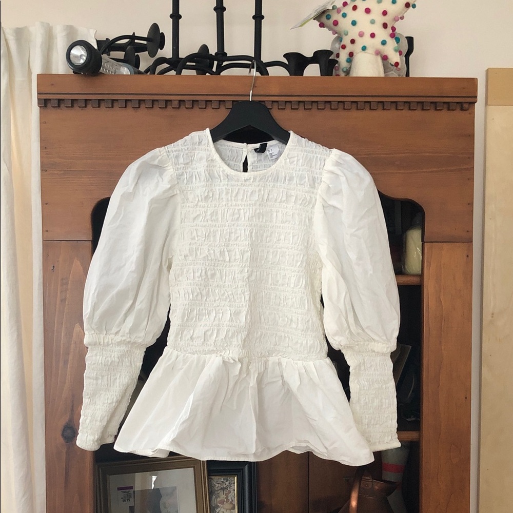 HM Divided Cream Textured Ruched Elasticized Blouse